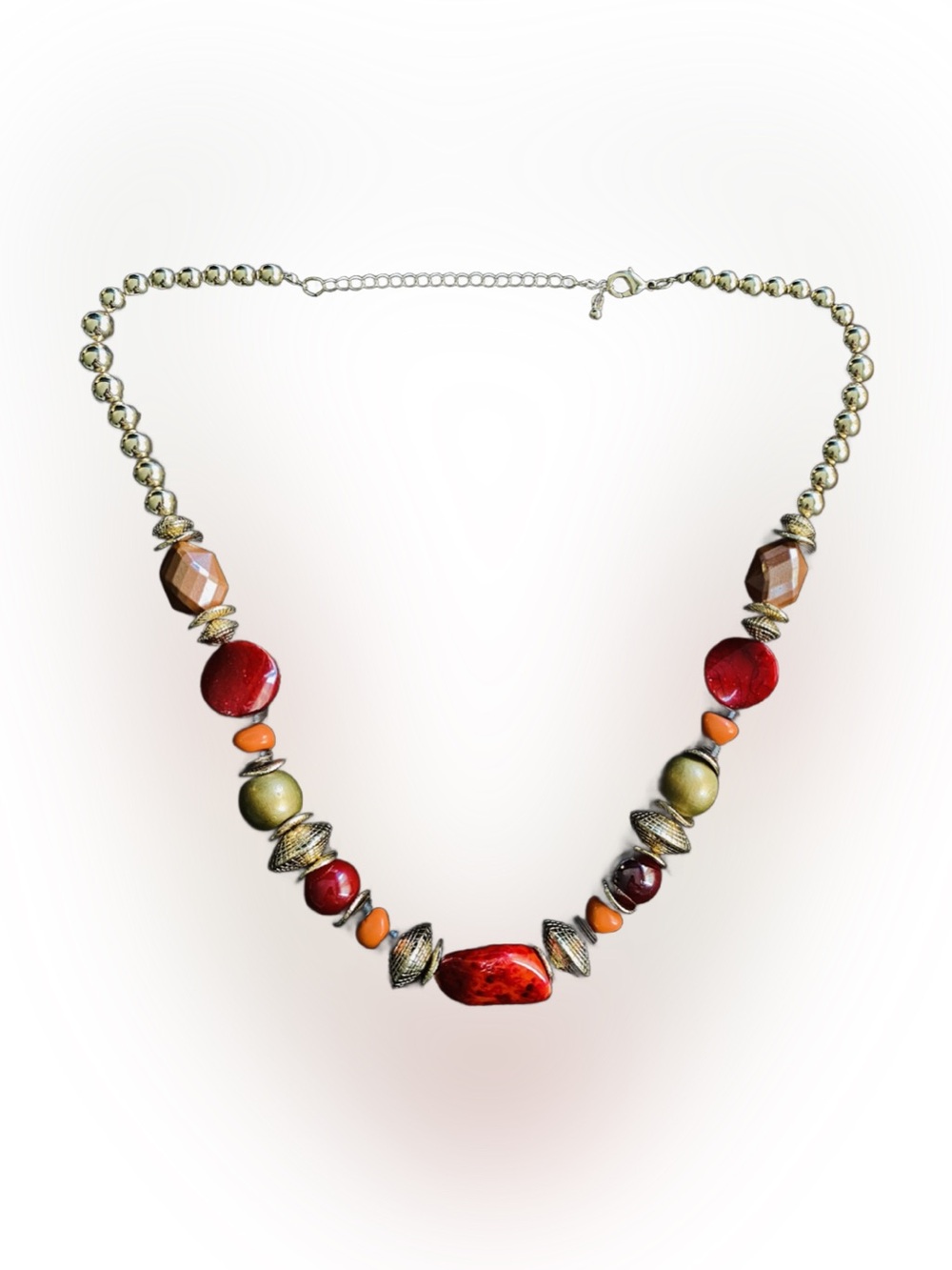 Boho Chunky Mixed Bead Statement Necklace | Gold-Tone/Red/Coral/Olive